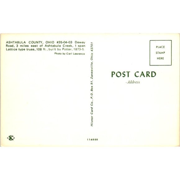 Ashtabula County Ohio Covered Bridge Postcard Travel Souvenir Unposted Lattice - Picture 2 of 2